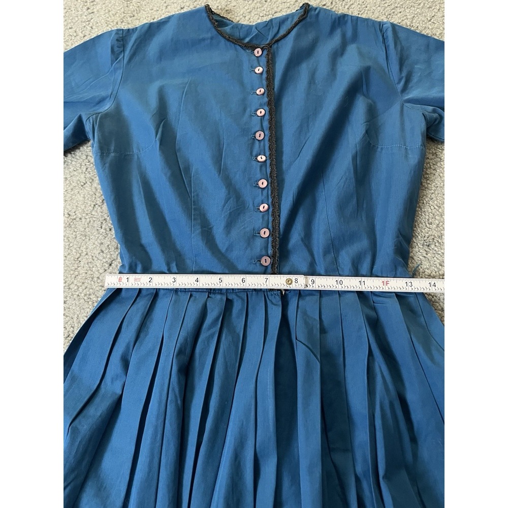 60s 70s Handmade Pleated A-Line Dress Sz 6 Teal Blue Black Trim Buttons Classic - Picture 9 of 10